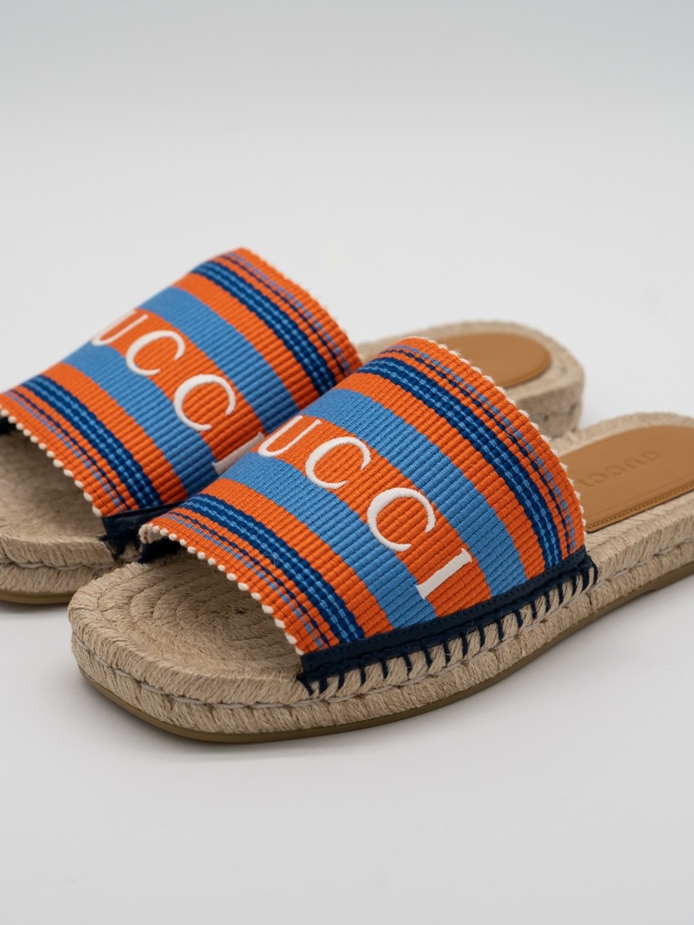 Gucci Mens Striped Sandals Espadrilles Open Toe Blue Orange size 6G 6.5 US